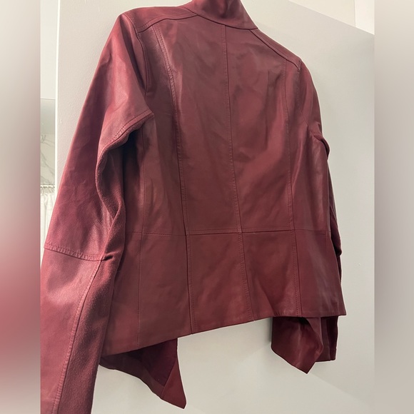 VINCE Burgundy Wine 100% Goat Leather Draped Waterfall Open Front Jacket Medium - Picture 5 of 7